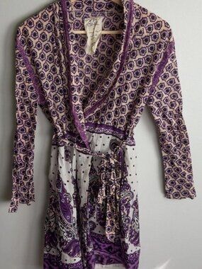 Free People FP One Wrap Tunic Dress Purple Paisley Cotton Boho Size Small Womens